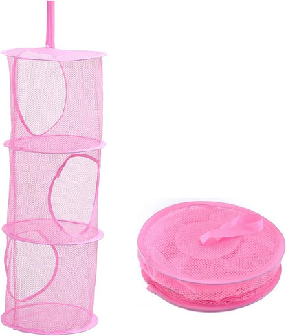 Mesh Hanging Storage Basket With 3 Compartments Foldable Hanging Storage Organizer Net Bag for Toys Storage, Space Saver Sundries Clothes Bra Underwear Socks Drying Basket Laundry Hamper (Pink)