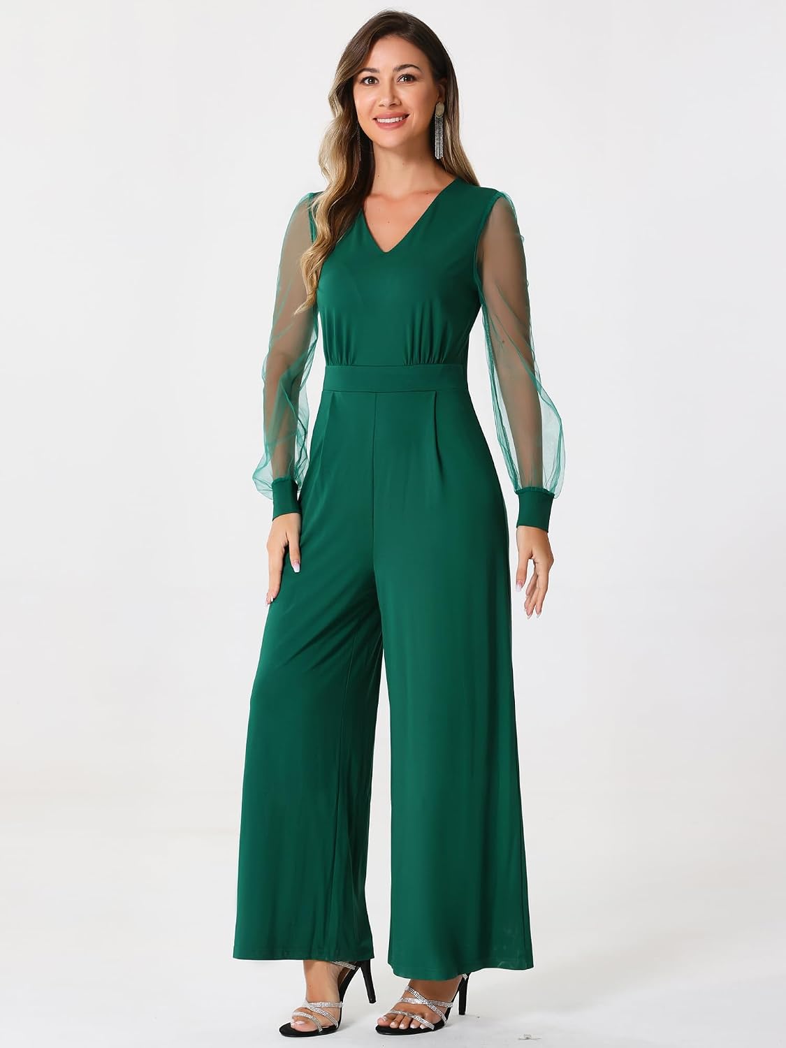 Color Black - Allegra K Women's Elegant V Neck Mesh Long Sleeve Loose Wide Leg Romper Party Jumpsuits