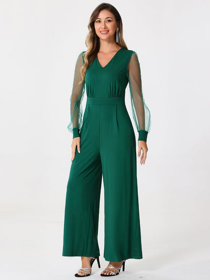 Color Black - Allegra K Women's Elegant V Neck Mesh Long Sleeve Loose Wide Leg Romper Party Jumpsuits