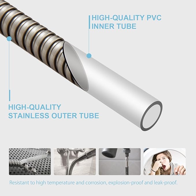 OFFO Shower Hose, Brushed Nickel 100 In Kink Free Stainless Steel Shower Hose Attachment Electroplating Handheld Shower Head Hose Flex Hoses Extension with Brass Insert & Nut for Pet Bathing Cleaning