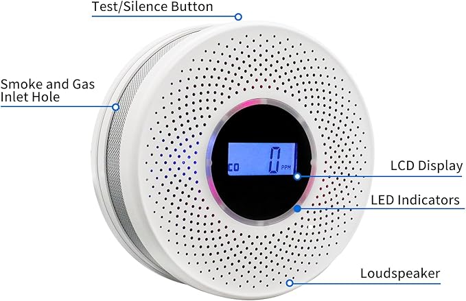 Smoke Detector Carbon Monoxide Detector Combo with Digital Display and Sound Light Alarm, 2-in-1 Smoke  CO Alarm with Battery Operated for Home, Travel or RV