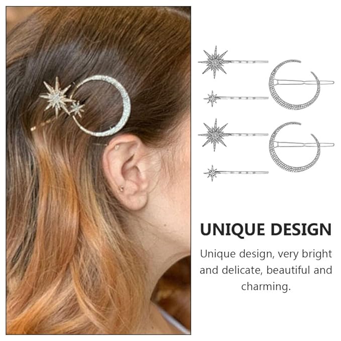 2pcs Vintage Star Moon Hair Pin Metal Alloy Rhinestone Bobby Pins Hair Accessories for Woman (Silver)