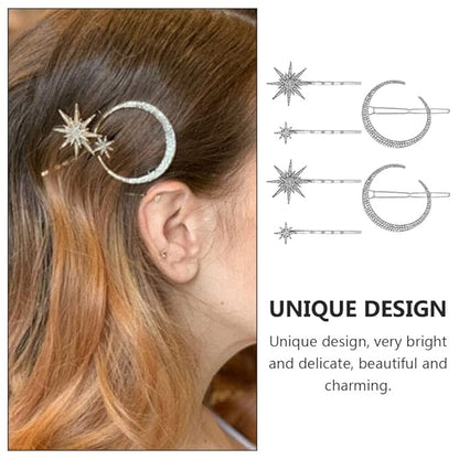 2pcs Vintage Star Moon Hair Pin Metal Alloy Rhinestone Bobby Pins Hair Accessories for Woman (Silver)
