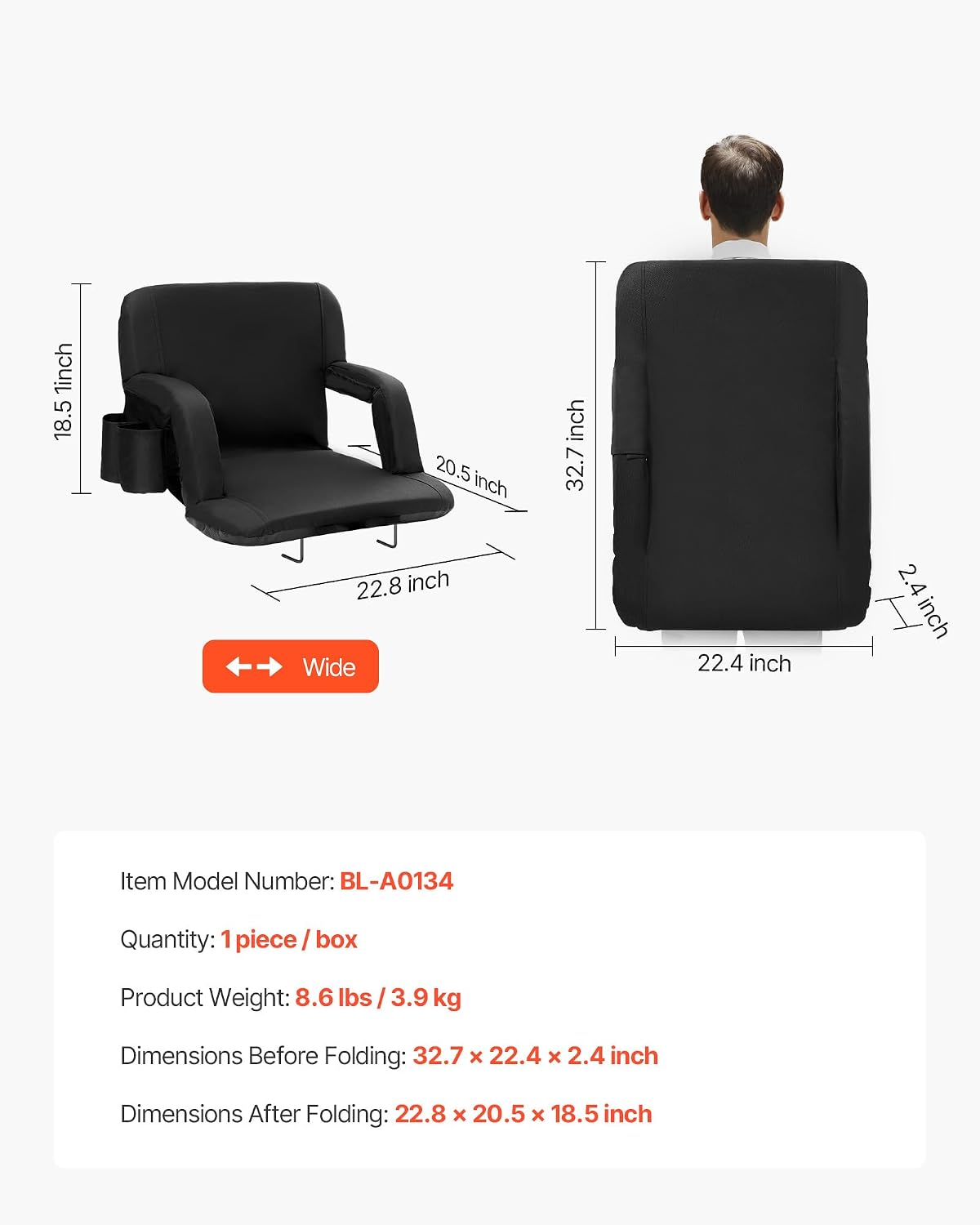 VEVOR Stadium Seat with Back Support, Wide Bleacher Seat Back, Folding Portable Padded Reclining Chair with Hook Pocket Cupholder, Ideal for Sport Event Beach Camping Concert