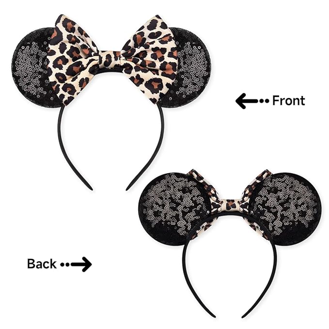RAZKO Minnie Mouse Ears Headband, Sequin Mickey Ears for Women Girls Hair Accessories (Leopard)