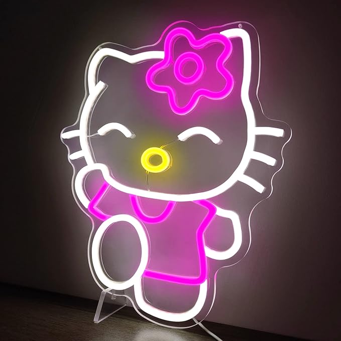 Hello Kit Neon Sign Dimmable Kitty Neon Sign Kawaii Cat Anime Neon Sign Kitty Room Decor Lights for Girl's Room Child Bedroom Birthday Halloween Christmas Gift 14.7AoAox12.5AoAo