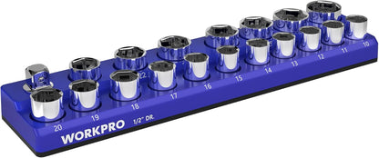 WORKPRO Magnetic Socket Organizer, 1/2-Inch Metric Socket Holder, Socket Trays Holds 19 Pieces Standard Size and Deep Size Sockets(Sockets not Included)