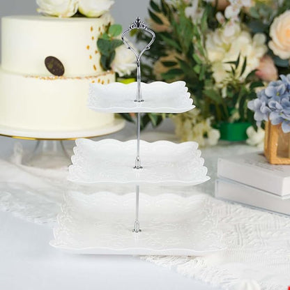 Efavormart 13"  3 Tier Floral Print Cupcake Stand, White Square Dessert Tray Display Holder with Wavy Edges - Plastic