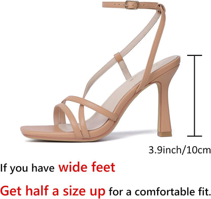 Size 10, RIBONGZ Strappy Stiletto Kitten Heels Ankle Strap Sexy Heeled Sandals for Women Square Open Toe High Heels Wedding Bride Party Prom Dress Shoes.