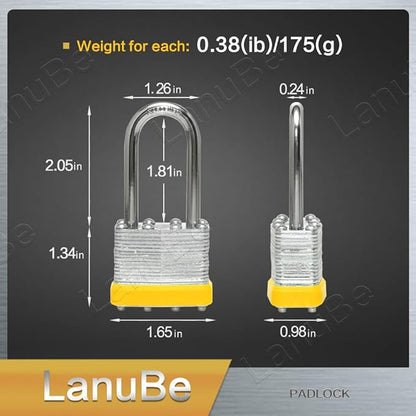 Lock Laminated keyed Padlock (1-916", 40mm), keyed Alike Locks, Long Shackle,Marked Yellow Plastic Hoop, Pack of 2