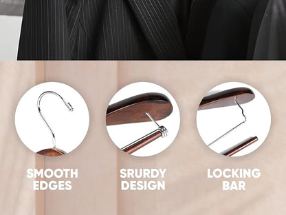 Suit Hangers for Men 6 Pack Wide Shoulder Hanger Smooth Finish Wooden Suit Hanger for Men and Women Coat Hangers 360 Swivel for Dress Jacket Non Slip Pant bar with Locking bar