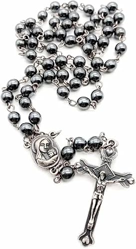 Nazareth Store unisex-adult Hematite Rosary Black Stone Beads Necklace with Jerusalem Holy Soil  Cross Antique Religious Rosaries Beads Collection