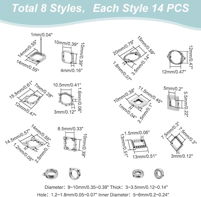 PH PandaHall 112pcs 8 Styles Bead Frames, Double Hole Frame Spacer Beads SquareOvalRound Bead Hugger Frame Connectors for DIY Earring Bracelet Necklace Jewelry Crafts Making, Antique Silver