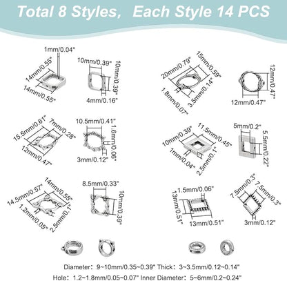 PH PandaHall 112pcs 8 Styles Bead Frames, Double Hole Frame Spacer Beads SquareOvalRound Bead Hugger Frame Connectors for DIY Earring Bracelet Necklace Jewelry Crafts Making, Antique Silver