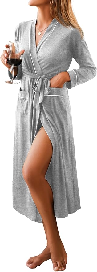 Ekouaer Women Kimono Robes Full Length Knit Bathrobe Lightweight Soft Sleepwear V-neck Casual Ladies Loungewear S-XXL