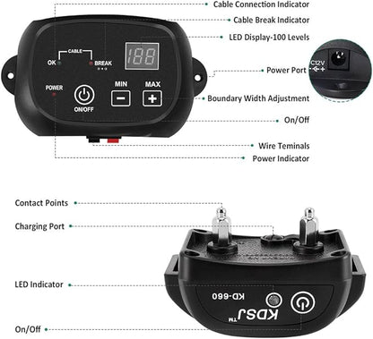 Electric Dog Fence, Wired Pet Containment System, Aboveground/Underground Installation, 650 Ft Wire, IP66 Waterproof Rechargeable Collar, Shock/Tone Correction, 1 Collar