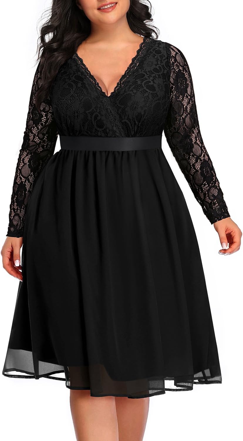26 W, Women Plus Size Wedding Guest Dresses Cocktail Black Wrap Lace Fall Formal Long Sleeve Knee Length Evening Party Dress .