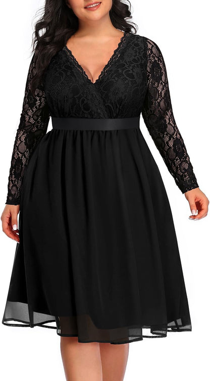 26 W, Women Plus Size Wedding Guest Dresses Cocktail Black Wrap Lace Fall Formal Long Sleeve Knee Length Evening Party Dress .