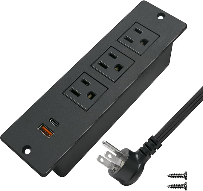 USB C Conference Recessed Power Strip 20W, 3 Outlets 2 USB Fast Charge(PD 20WQC 18W) Mountable Flat Plug 10ft Extension Power Cord for Nightstand Cabinet Sofa Table Couch