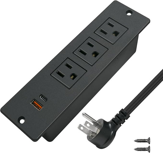 USB C Conference Recessed Power Strip 20W, 3 Outlets 2 USB Fast Charge(PD 20WQC 18W) Mountable Flat Plug 10ft Extension Power Cord for Nightstand Cabinet Sofa Table Couch