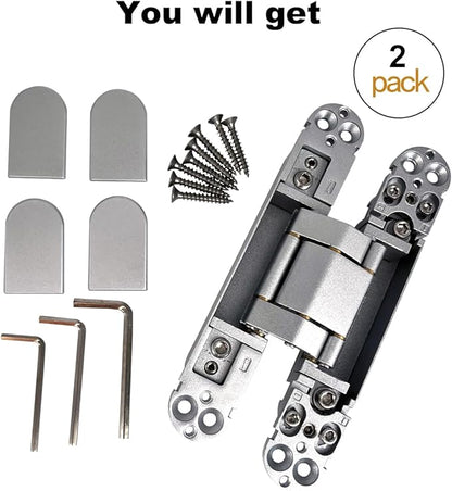 2 Pack Hidden Door Hinges, 6 inch 3-Way Adjustable Concealed Hinges Zinc Alloy 180 Degree Swing Invisible Door Hinges (Silver)