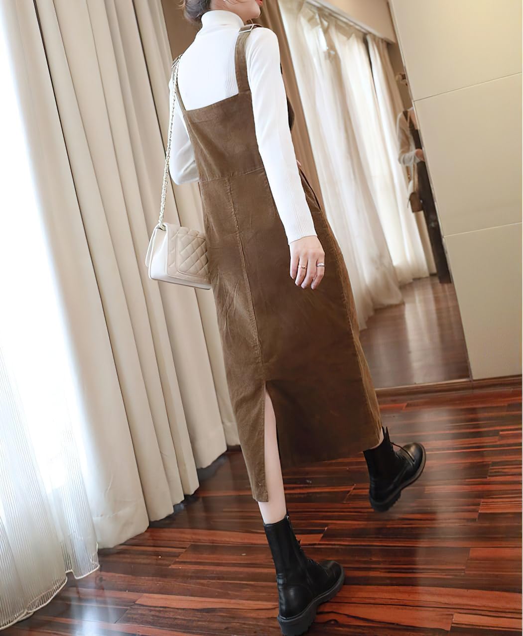 Womens Cute Corduroy Adjustable Strap Overall Dress fringe Pinafore Baggy Maxi Long Tank Dress