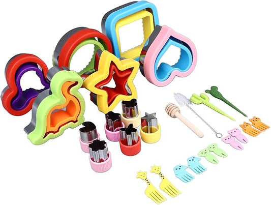 9Pcs Sandwichs Cutter and Sealer Set, Uncrustable Sandwichs Maker, Stainless Steel Cookie Cutters, Vegetable and Fruit Shapes, with Forks, Stirring Stick, Brush for DIY Baking