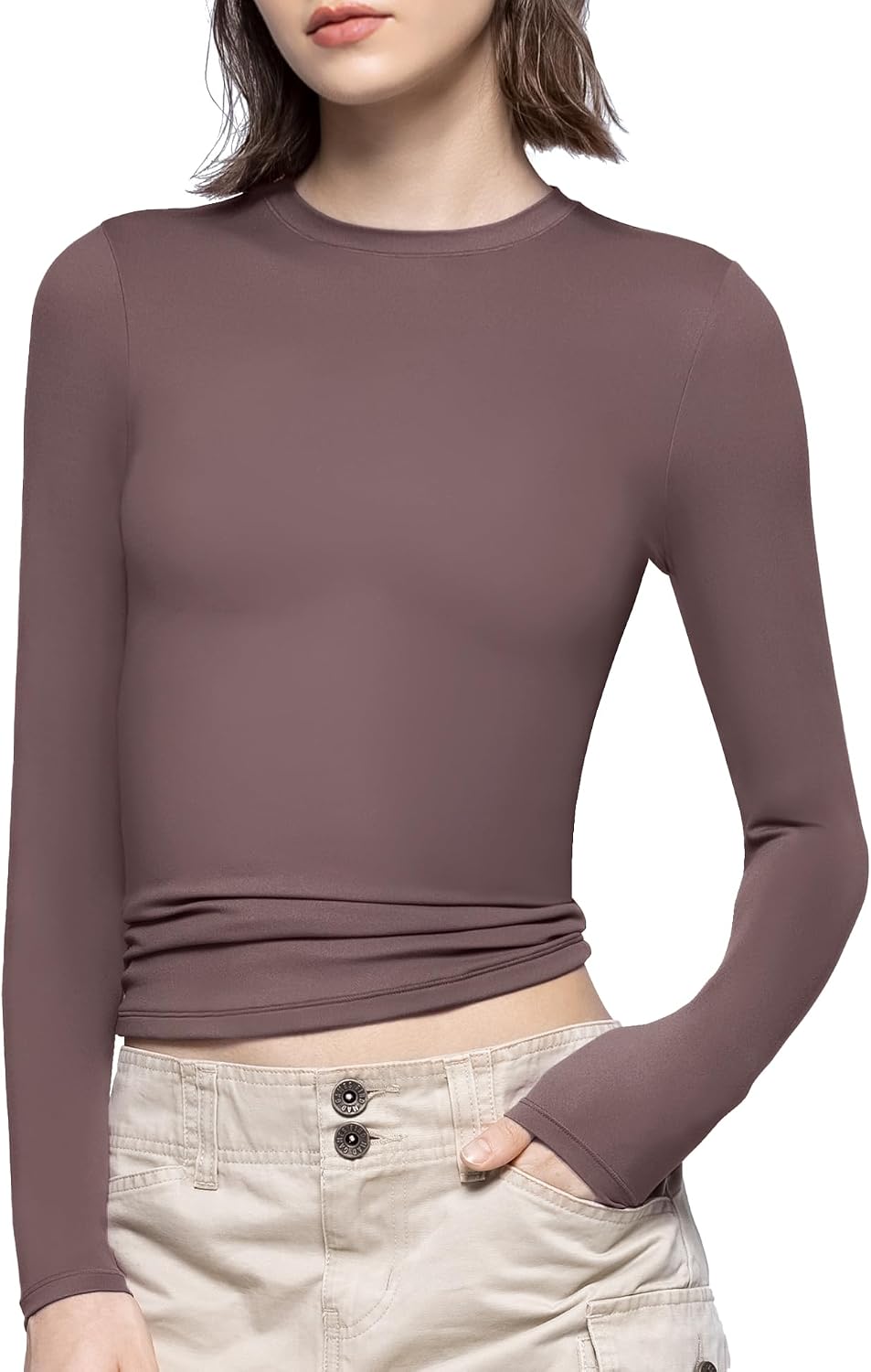 PUMIEY Women's Long Sleeve T Shirts Crew Neck Slim Fit Tops Sexy Basic Tee Smoke Cloud Pro Collection
