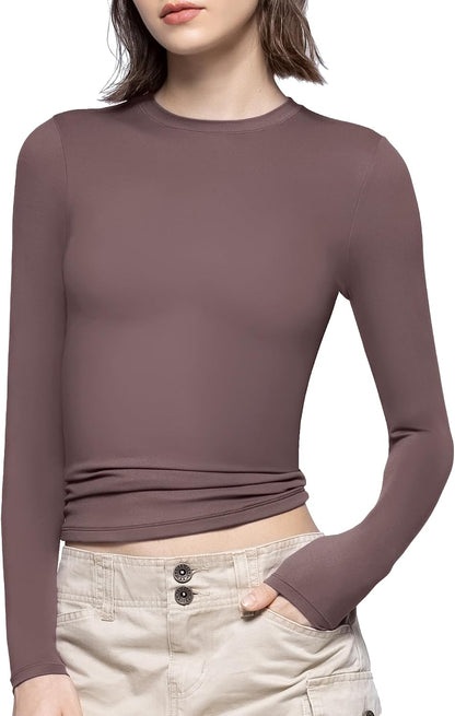 PUMIEY Women's Long Sleeve T Shirts Crew Neck Slim Fit Tops Sexy Basic Tee Smoke Cloud Pro Collection