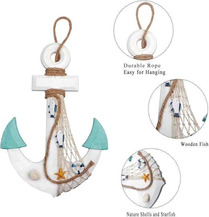 2 Pack 11" Nautical Beach Wooden Ship Wheel and 13" Wood Anchor with Rope Nautical Boat Steering Wheel Rudder Anchor Wall Decor Door Hanging Ornament Beach Theme Home Decoration(White&Green)