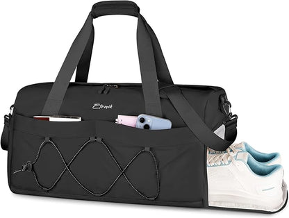 ETRONIK Gym Bag for Women, Travel Duffle Bag with Shoe Compartment  Wet Pocket, Carry On Weekender Overnight Tote Bag for Women Men, Travel, Workout, Yoga, Swimming, Black