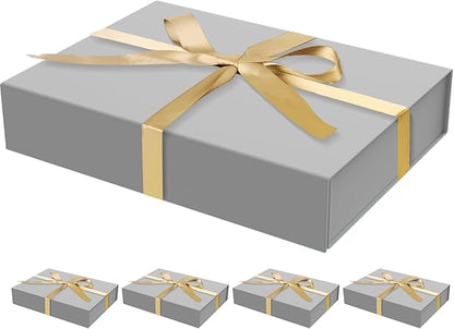 5 Pack Gift Boxes with Lids, 11 x 8.2 x 2.3 Inches Packing Box for Presents Ribbon Magnetic Closure, Luxury Wrapping Gift Boxes for Weddings, Birthdays, Chrismas, Halloween, Silver