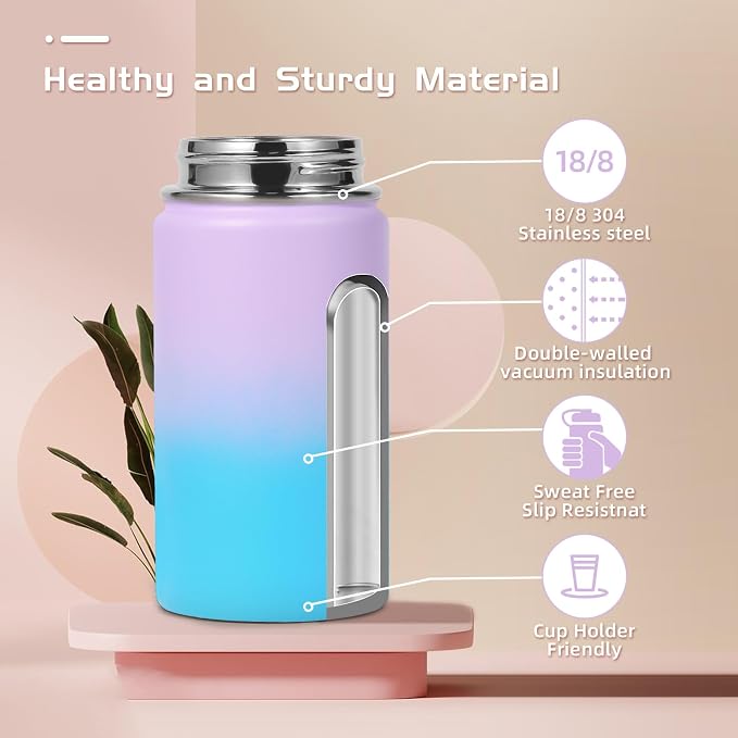 Volhoply 14oz KIds Stainless Steel Insulated Leakproof Water Bottle with Straw Lid and Silicone Boot,BPA-Free Easy Use for Boys&Girls,Double Wall Vacuum Bottles(Lavender Blue,1)
