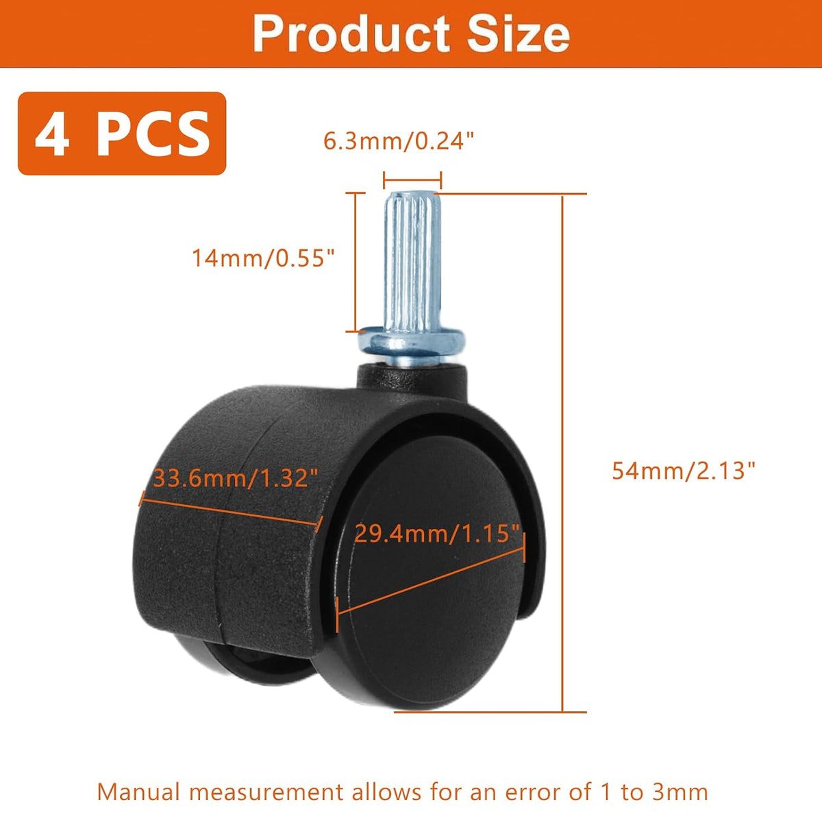SWZHAI 2 in Nylon Swivel Caster Wheels with M8 Circlip Stem, Set of 4