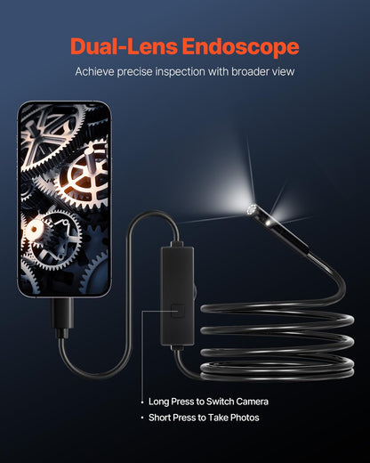 VEVOR Endoscope Camera with Light, Dual Lens Borescope for Android & iOS, 1920P HD Inspection Camera, 8 + 1 LED Lights, 2X Zoom, 10FT Snake Cable, IP67 Waterproof