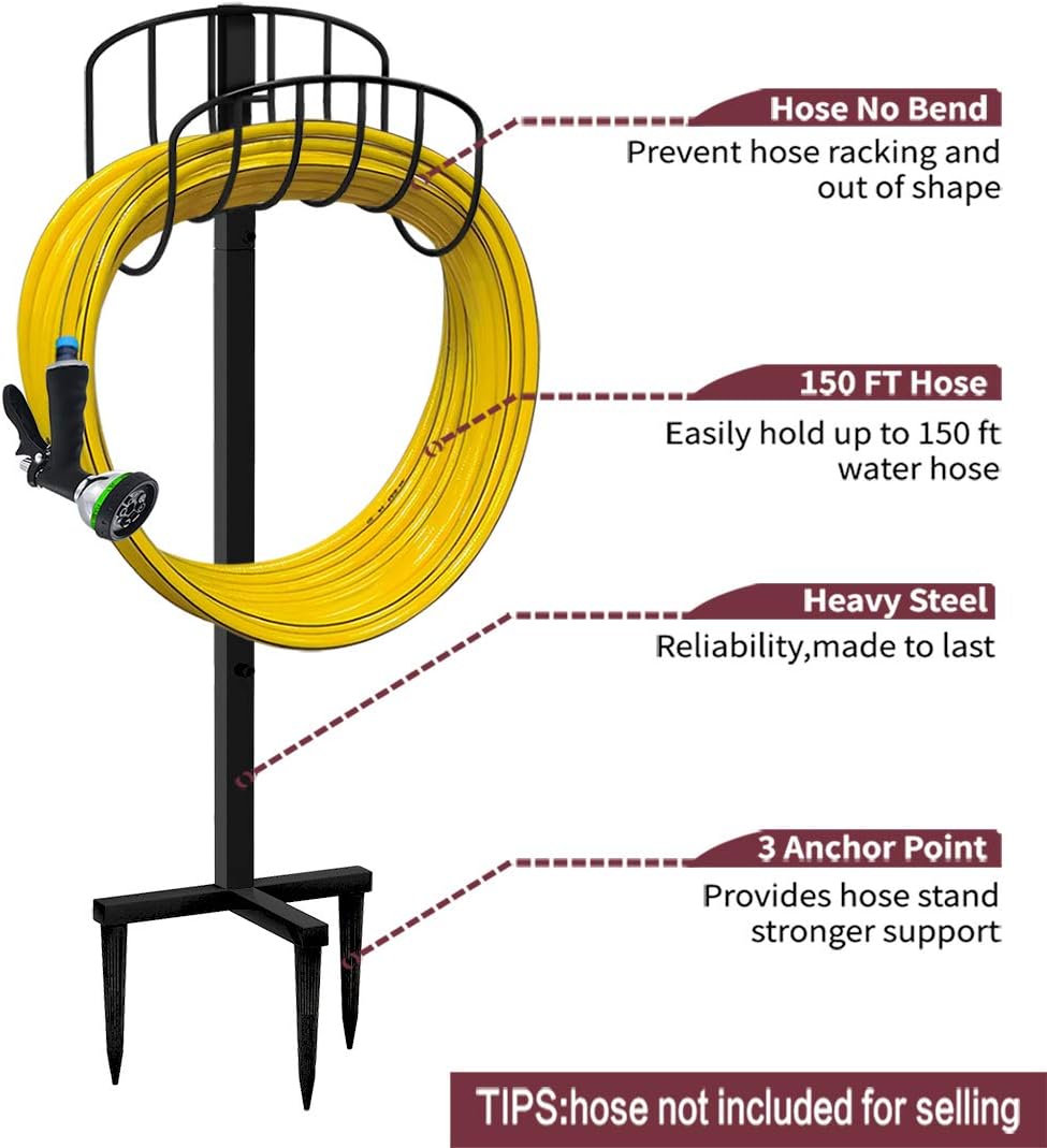 Freestanding Garden Hose Holder Hanger, Outdoor Heavy Duty Metal Water Hose Storage Holders Stand Organizer Rack Detachable Stake, Holds 150 Ft of Hoses for Outside Lawn Yard, Black