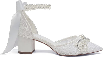 Lace Pearl Wedding Shoes for Bride Block Heel Bridal Shoes Closed Toe Wedding Heels.
