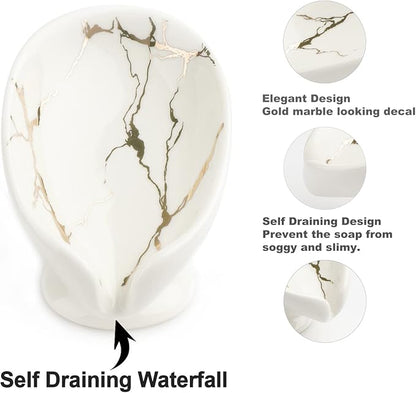 Self-Draining Soap Dish White Ceramic with Marble Brush Gold Soap Holder Waterfall Soap Dish Soap Savers for Bar Soap, for Bathroom, for Shower, for Bar Counter.