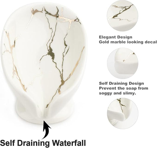 Self-Draining Soap Dish White Ceramic with Marble Brush Gold Soap Holder Waterfall Soap Dish Soap Savers for Bar Soap, for Bathroom, for Shower, for Bar Counter.