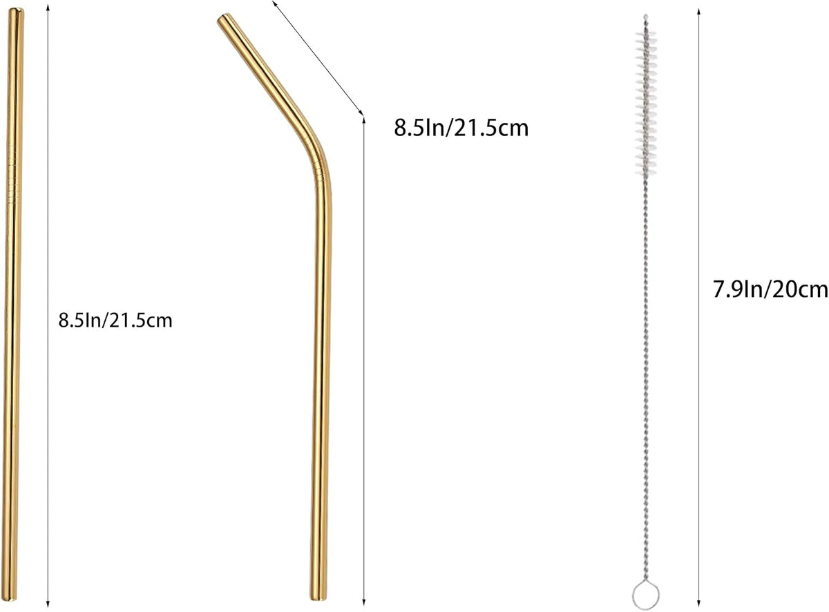 9 Pcs Stainless Steel Straws, Reusable Drinking Straws, 5 Straight + 4 Bent Metal Straws Set With 1 Pcs Cleaning Brushes (Gold, 8.5 Inch)