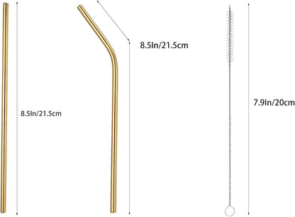 9 Pcs Stainless Steel Straws, Reusable Drinking Straws, 5 Straight + 4 Bent Metal Straws Set With 1 Pcs Cleaning Brushes (Gold, 8.5 Inch)