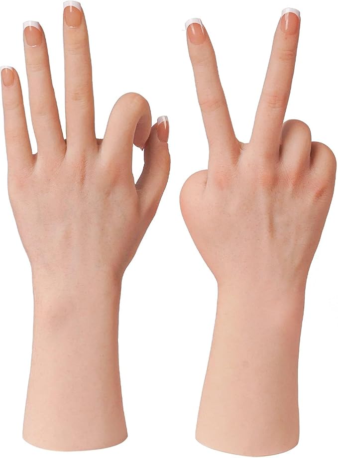 KUMIHO Realistic Silicone Female Hand Model Fake Hand for Jewelry Display Tattoo Training Practice Art Sketch with Nails, 1 Pair -with Skeleton