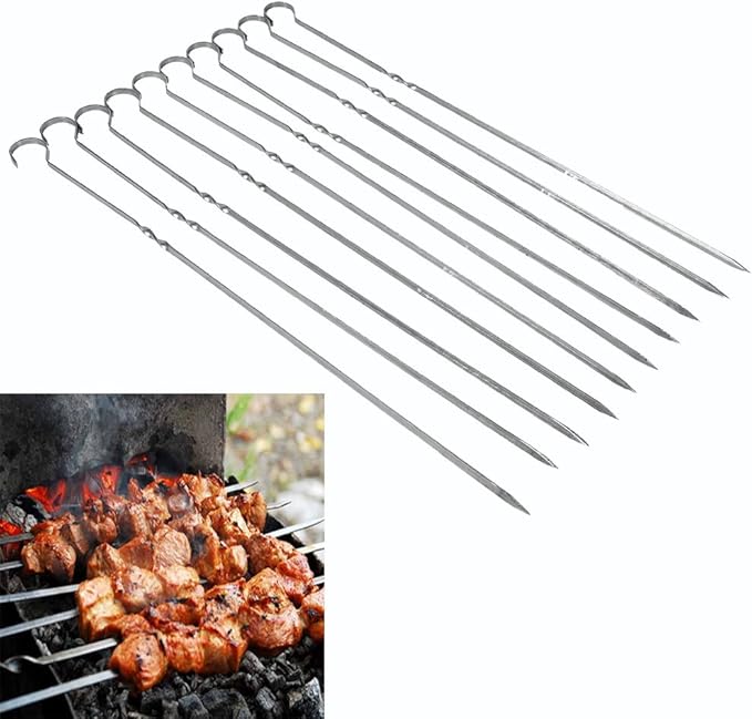 10PCS BBQ Grilling Skewers, Stainless Steel Kabob Needle with Anti Skid Handle and Hook Design, Proof and Washable, Ideal for Meat, Seafood, Vegetables, Sausage and More
