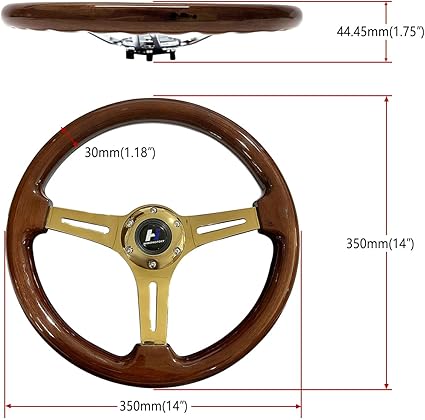 14" Universal Classic Wood Grain Steering Wheel Gold Chrome 3 Spoke 1.5 Depth Steering Wheel 350mm with Horn Button 6 bolts (-11)