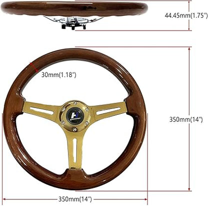 14" Universal Classic Wood Grain Steering Wheel Gold Chrome 3 Spoke 1.5 Depth Steering Wheel 350mm with Horn Button 6 bolts (-11)