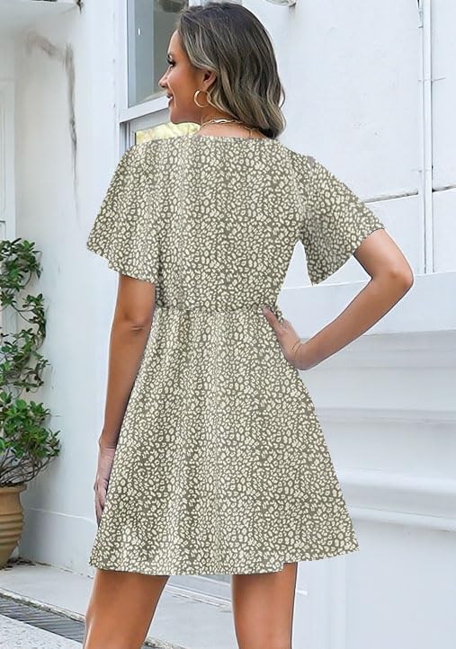ETCYY NEW Womens Summer Dresses Slant Open V Neck Floral Printed Sundresses Flowy Dress Short Sleeve