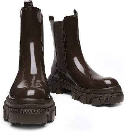 Women's Platform Chelsea Boots Lug Sole Combat Mid Calf Slip On Chunky Ankle Booties