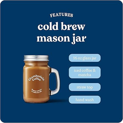 Chamberlain Coffee Cold Brew Mason Jar - 16 Oz Square Jar Drinking Glass with Handle - Cold Brew, Iced Coffee  Matcha Mug