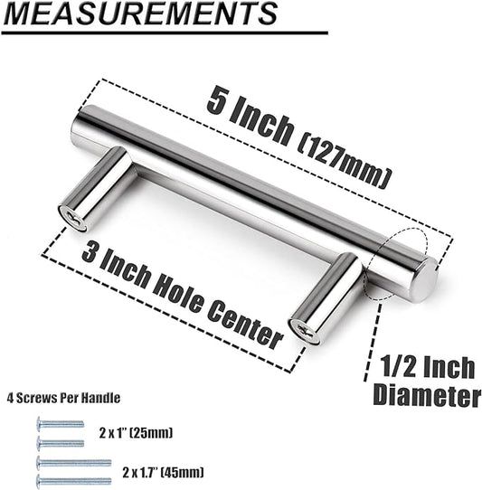 Probrico 5 Pack  3" Cabinet Pulls Polished Chrome, Euro T Bar Kitchen Cabinet Hardware Stainless Steel Dresser Pulls Chrome Handles for Cabinet Dresser, 3" Hole Centers, 5" Total Length