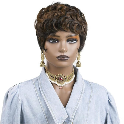 Short Pixie Cut Wigs for Black Women Short Curly Hair Layered Wavy Pixie Cut Wigs With Bangs Short Wigs for Black Women Black Mixed Brown Pixie Wigs for Women Short Brown Wig (Black Mixed Brown)